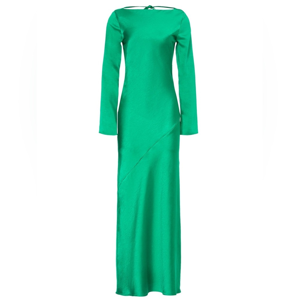 Line + Dot Size S Cassie Satin Gown Green Asymmetric Back Long Sleeves